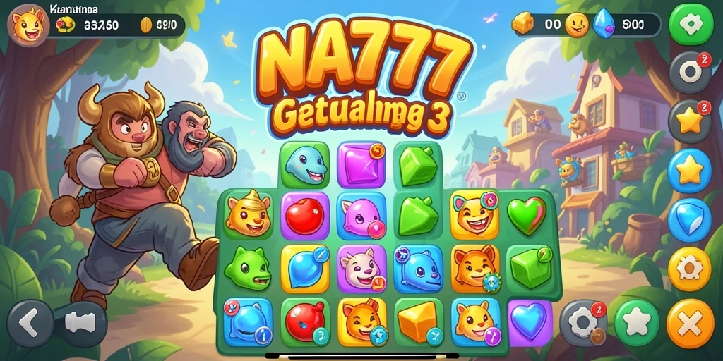 Tangkapan layar game NA777 menampilkan gameplay Match-3 yang penuh warna.