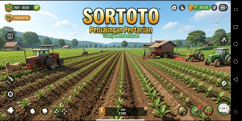 Tangkapan layar utama SORTOTO menampilkan gameplay pertanian yang seru dan interaktif.