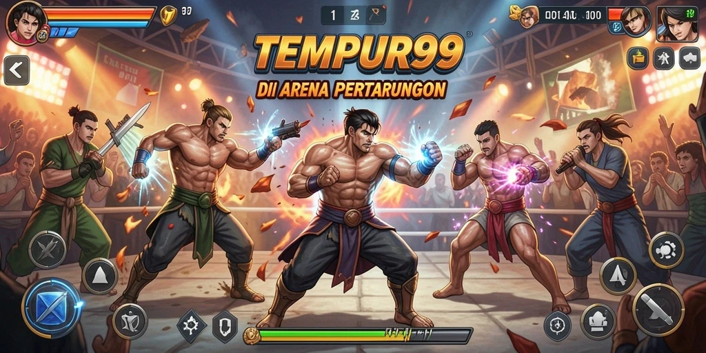 Screenshot TEMPUR99 menampilkan pertarungan seru antara karakter di arena.
